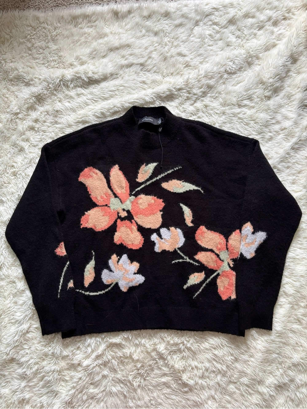 MINKPINK Black Crewneck Sweater with Coral and Cream Floral Motif